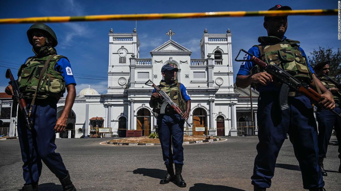 Security personnel stand guard outside St. Anthony&#39;s Shrine on Monday, a day after the church was hit in a series of bomb blasts targeting churches and luxury hotels in Sri Lanka.