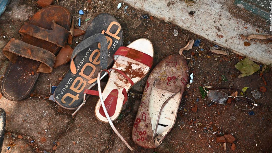 Shoes and belongings of victims are collected as evidence at St. Sebastian&#39;s Church in Negombo on April 22.