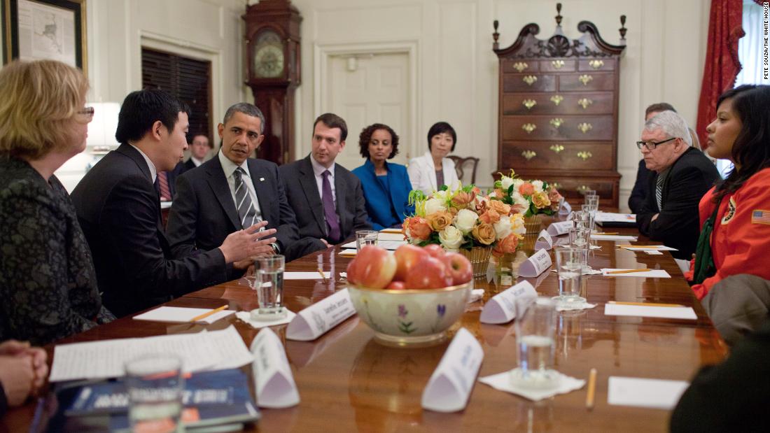 Obama meets with Yang and other Champions of Change at the White House. In 2015, Obama named Yang an ambassador for global entrepreneurship.