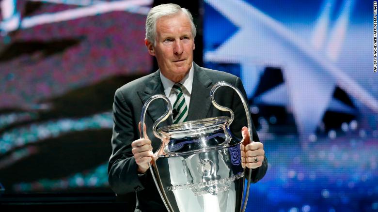 Billy McNeill  with the Champions League trophy during the 2013-14 Champions League group stage draw.