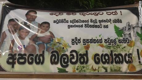 Posters with photos of blast victims are seen outside St Sebastian Church in Negombo. This one reads, &#39;Rest in peace for Pradeep Susanthas and his whole family, who were killed in the church attack. Our deepest sympathies.&#39;