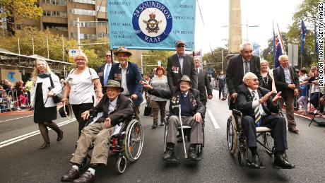 War veterans make their way down Elizabeth Street during the Anzac Day parade on April 25, 2018 in Sydney, Australia. 