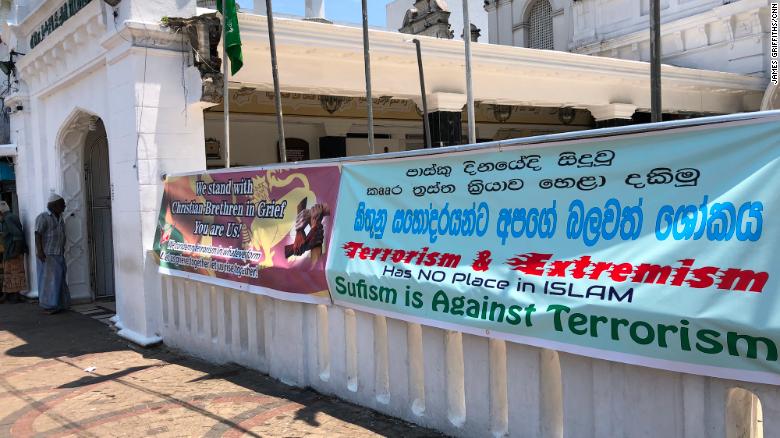 Signs outside Colombo&#39;s Dewatagaha Mosque, one of the largest and oldest in the Sri Lankan capital.