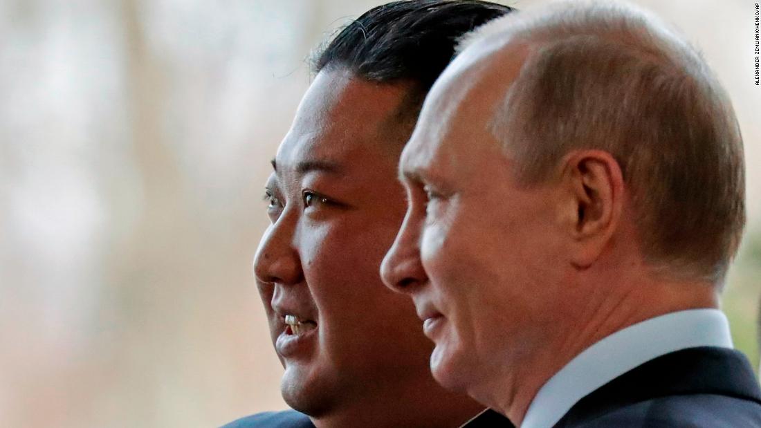 Russian President Vladimir Putin, right, and North Korea&#39;s leader Kim Jong Un pose for photographers during their meeting in Vladivostok, Russia, Thursday, April 25, 2019. Putin and Kim are set to have one-on-one meeting at the Far Eastern State University on the Russky Island across a bridge from Vladivostok. The meeting will be followed by broader talks involving officials from both sides. (AP Photo/Alexander Zemlianichenko, Pool)