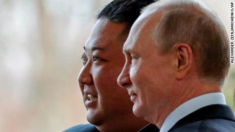 Russian President Vladimir Putin, right, and North Korea&#39;s leader Kim Jong Un pose for photographers during their meeting in Vladivostok, Russia, Thursday, April 25, 2019. Putin and Kim are set to have one-on-one meeting at the Far Eastern State University on the Russky Island across a bridge from Vladivostok. The meeting will be followed by broader talks involving officials from both sides. (AP Photo/Alexander Zemlianichenko, Pool)