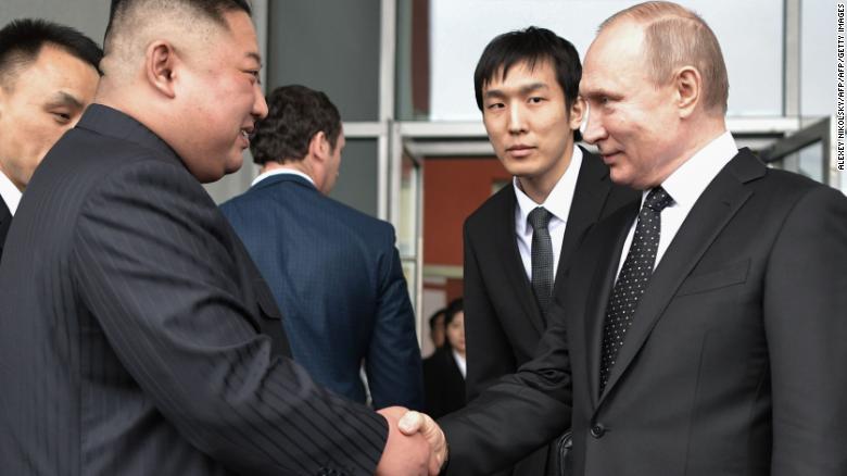 Russian President Vladimir Putin sees North Korean leader Kim Jong Un off following their talks at the Far Eastern Federal University campus on Russky island in the far-eastern Russian port of Vladivostok on April 25, 2019. (Photo by Alexey NIKOLSKY / SPUTNIK / AFP)        (Photo credit should read ALEXEY NIKOLSKY/AFP/Getty Images)