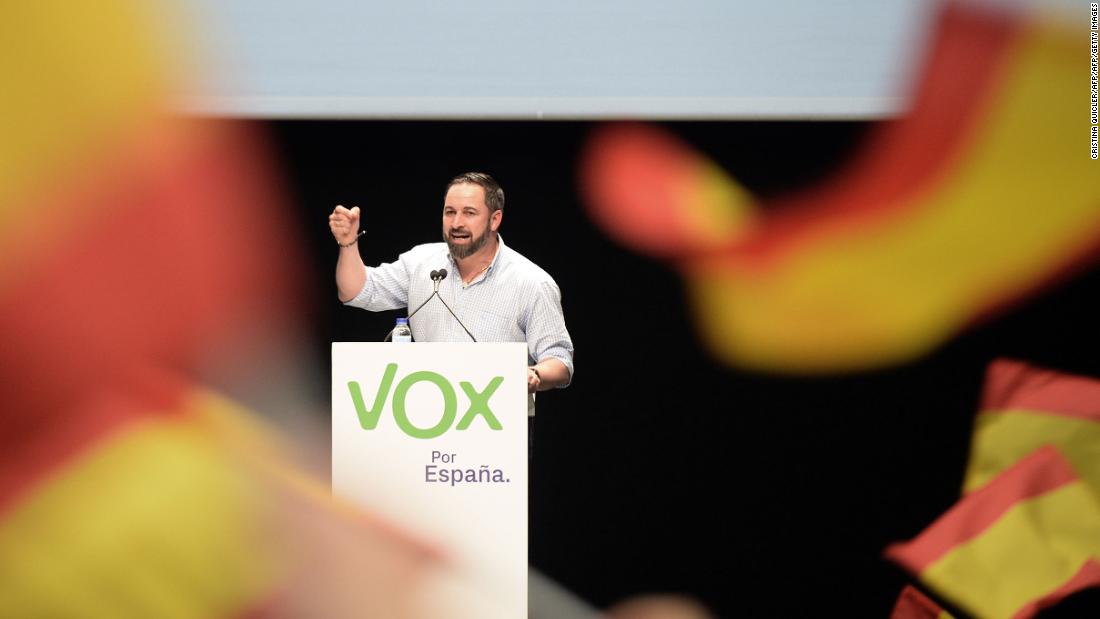 Presidential candidate for the Spanish far-right party Vox, Santiago Abascal, delivers a speech during a campaign rally in Seville on April 24, 2019 ahead of the April 28 general election. (Photo by CRISTINA QUICLER / AFP)        (Photo credit should read CRISTINA QUICLER/AFP/Getty Images)