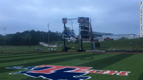 A scoreboard at Louisiana Tech&#39;s softball field is torn apart.