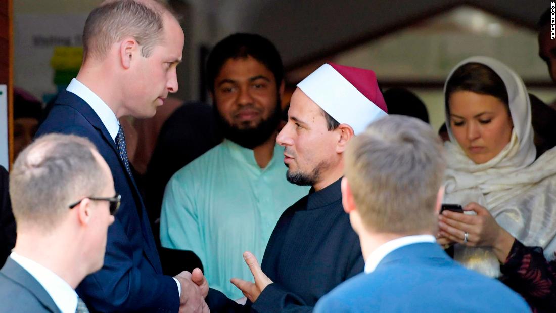 Britain&#39;s Prince William, top left, is farewelled by Imam Gamal Fouda after his visit to the Al Noor mosque in Christchurch, New Zealand, Friday, April 26, 2019. Prince William visited the one of the mosques where 50 people were killed and 50 others wounded in a March 15 attack by a white supremacist. (Tracey Nearmy/Pool via AP)