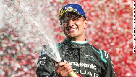 Mitch Evans celebrates his maiden Formula E victory at the Rome ePrix in 2019.