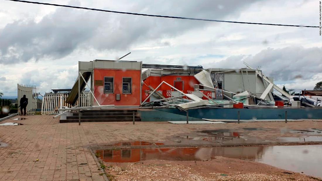 In this photo provided by United Nations Children&#39;s Agency (UNICEF), damaged buildings are seen after Cyclone Kenneth made landfall in Pemba, Mozambique,  Friday, April 27, 2019. The second powerful cyclone to strike Mozambique in just six weeks ripped off roofs and killed at least three people on Friday as the United Nations warned of &quot;massive flooding&quot; ahead. (Neidi de Car valho/UNICEF via AP)