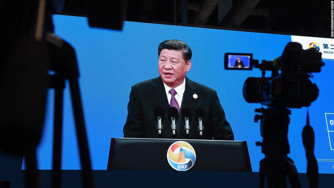 An image of Chinese President Xi Jinping speaking at the opening ceremony of the Belt and Road Forum, is seen in the media center of the Forum in Beijing on April 26, 2019. (Photo by GREG BAKER / AFP)        (Photo credit should read GREG BAKER/AFP/Getty Images)