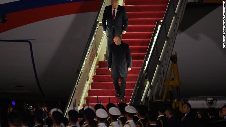 Russia&#39;s President Vladimir Putin arrives at Beijing airport ahead of the Belt and Road Forum in the Chinese capital on April 25.