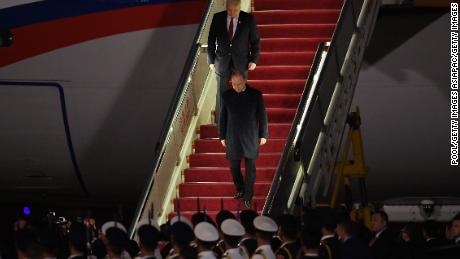 Russia&#39;s President Vladimir Putin arrives at Beijing airport ahead of the Belt and Road Forum in the Chinese capital on April 25.