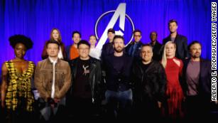(front) Danai Gurira, Jeremy Renner, Anthony Russo, Chris Evans, Joe Russo, Brie Larson and Mark Ruffalo at the &quot;Avengers: Endgame&quot; press junket in April 2019.