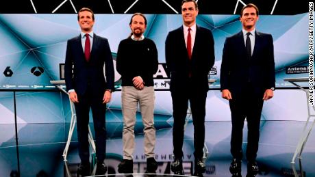 (L-R) Spanish conservative Popular Party (PP) leader Pablo Casado, far-left Podemos party leader Pablo Iglesias, Prime Minister and PSOE candidate Pedro Sanchez and centre-right Ciudadanos (Citizens) leader Albert Rivera pose before a televised debate in Madrid on April 23, 2019 ahead of this weekend's general election. (Photo by JAVIER SORIANO / AFP)        (Photo credit should read JAVIER SORIANO/AFP/Getty Images)