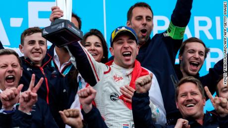 Dutch driver Robin Frijns celebrates winning the Paris ePrix.