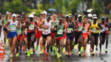 RIO DE JANEIRO, BRAZIL - AUGUST 21:  Abraham Niyonkuru of Burundi leads the pack during the Men&#39;s Marathon on Day 16 of the Rio 2016 Olympic Games at Sambodromo on August 21, 2016 in Rio de Janeiro, Brazil.  (Photo by Quinn Rooney/Getty Images)