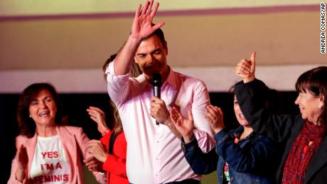 Spanish Prime Minister and Socialist Party candidate Pedro Sanchez waves to supporters.