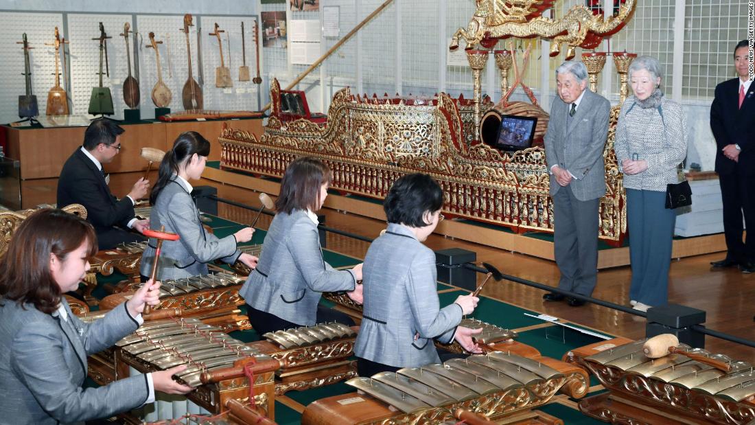 Akihito and Michiko listen to Indonesian percussion music as they attend an event in Hamamatsu, Japan, in November 2018.