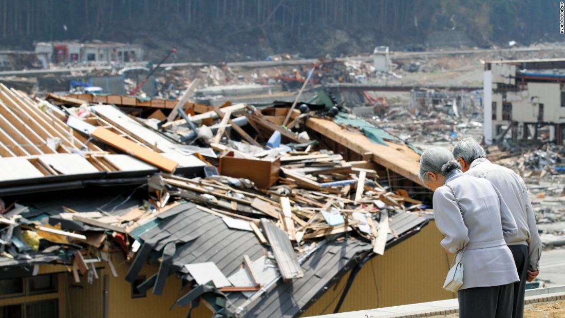 Akihito and Michiko bow in front of collapsed buildings and houses after an earthquake and tsunami devastated Japan in 2011. After the disaster, Akihito made an unprecedented televised address -- the first time any Japanese emperor had spoken to the public on TV. &quot;I truly hope the victims of the disaster never give up hope, take care of themselves and live strong for tomorrow,&quot; he said.