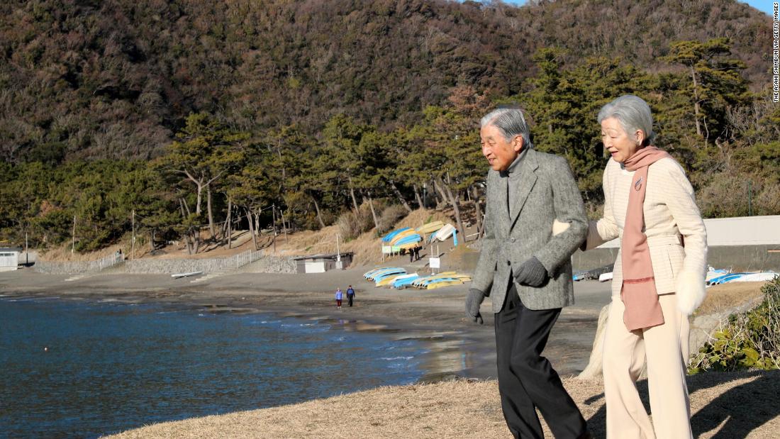 Akihito and Michiko stroll outside the imperial villa in Hayama, Japan, in January 2019.