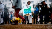 Los accionistas pasan por alto a los manifestantes sobre abejas muertas durante una manifestación en el exterior del centro de la Conferencia Mundial, donde se lleva a cabo la reunión general anual del gigante químico alemán Bayer el 26 de abril de 2019 en Bonn, Alemania occidental.  - Bayer registró una disminución de sus ganancias netas de 36% año con año en el primer trimestre, debido a los costos asociados con la adquisición de Monsanto el año pasado, anunció el grupo durante su reunión general anual de accionistas.  (Foto por INA FASSBENDER / AFP) (Crédito de la foto debe leer INA FASSBENDER / AFP / Getty Images)