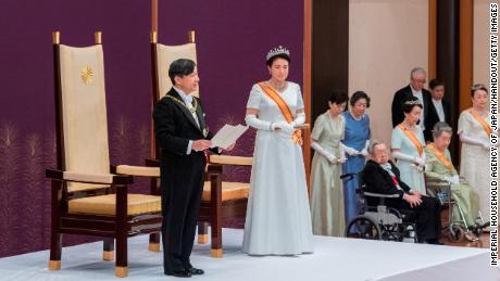 In this handout image provided by Imperial Household Agency, New Japanese Emperor Naruhito delivers his first speech after ascending the throne during the enthronement ceremony at the Imperial Palace on May 1, 2019 in Tokyo, Japan.