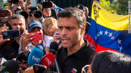 Opposition leader Leopoldo Lopez at the gate of the Spanish ambassador&#39;s residence on May 02.