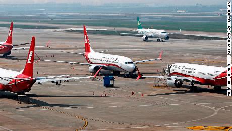 Shanghai Airlines&#39; Boeing 737 MAX 8 planes grounded at the airport in Shanghai, China.