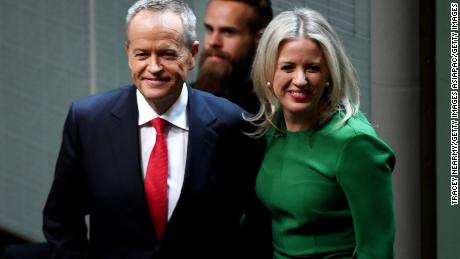 Opposition leader Bill Shorten stands with his wife Chloe Shorten after delivering his budget reply speech on April 4, 2019 in Canberra, Australia. 