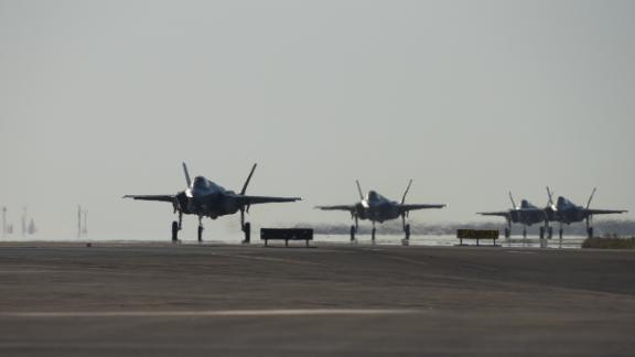 Four F-35A Lightning IIs assigned to the 4th Expeditionary Fighter Squadron taxi after landing at Al Dhafra Air Base, United Arab Emirates, April 15, 2019. 