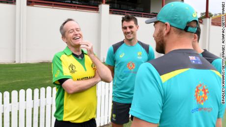 Labor Opposition leader Bill Shorten shares a laugh with Australian Cricket players Aaron Finch and Pat Cummins during a Cricket Australia Media Opportunity at Allan Border Field on May 4, 2019 in Brisbane, Australia. 