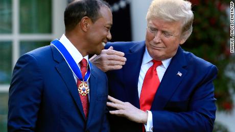 President Donald Trump awards the Presidential Medal of Freedom to Tiger Woods during a ceremony in the Rose Garden of the White House in Washington, Monday, May 6, 2019. 