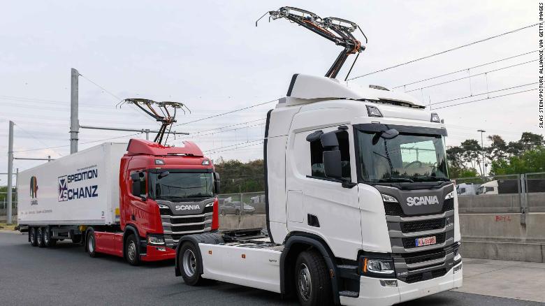 Trucks on a section of road used to test the eHighway system in Germany.