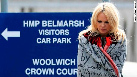 US actress Pamela Anderson leaves Belmarsh Prison in southeast London, after visiting WikiLeaks founder Julian Assange.