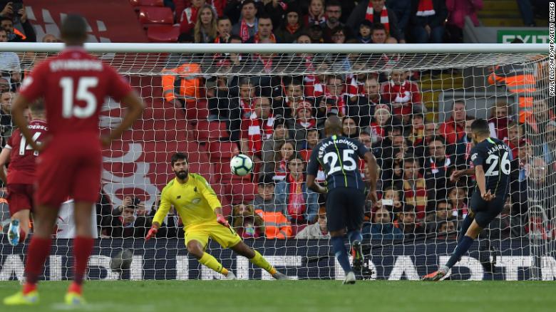 City&#39;s Riyad Mahrez misses a late penalty at Anfield as the game finishes goalless.