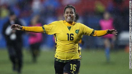 Bond-Flasza celebrates scoring the penalty which saw Jamaica qualify for France 2019. 