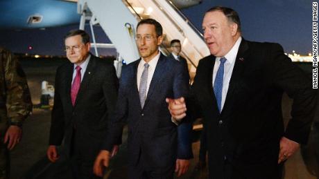 US Secretary of State Mike Pompeo (R) walks with Acting Assistant Secretary for Near Eastern Affairs at the State Department David Satterfield (L), and Charge D&#39;affaires at the US Embassy in Baghdad Joey Hood upon arrival in Baghdad for meetings on May 7, 2019. - Pompeo is scheduled to meet with the Iraqi prime minister and president. (Photo by MANDEL NGAN / POOL / AFP)        (Photo credit should read MANDEL NGAN/AFP/Getty Images)