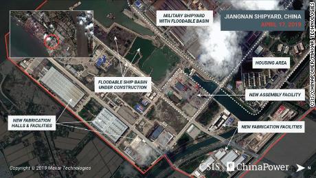 Satellite images from April show a rapid series of changes at the Jiangnan shipyard, outside of Shanghai.