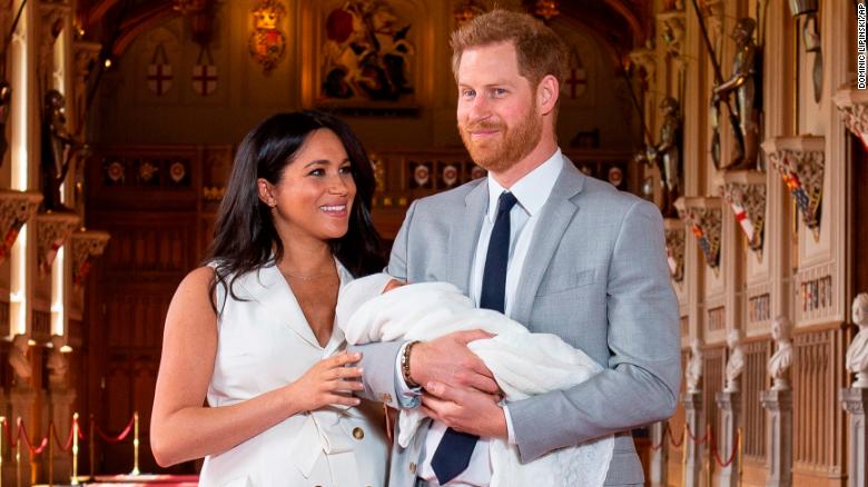 Britain's Prince Harry and his wife, Meghan, pose with their newborn son, Archie, at Windsor Castle on Wednesday, May 8.