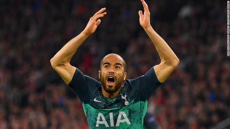 Spurs&#39; Lucas Moura celebrates after scoring his team&#39;s second goal during the UEFA Champions League semifinal second leg in Amsterdam, Netherlands. 