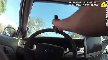 A screengrab taken from body cam footage of Anaheim Police Officer Kevin Pedersen, who along with officer Sean Staymates will not face charges in shooting death.
