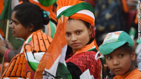 Indian supporters of Congress Party attend a rally addressed by Congress Party President Rahul Gandhi in New Delhi.