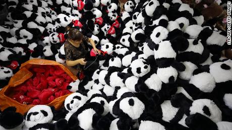 An employee making stuffed panda toys at a factory in Jiangsu, China in 2017. About three-quarters of the toys sold in the United States are made in China.