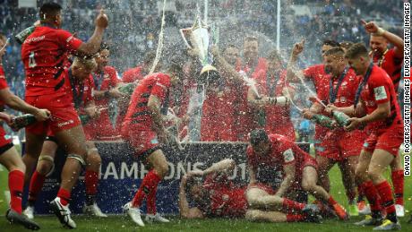 Saracens players celebrate winning the 2019 European Champions Cup