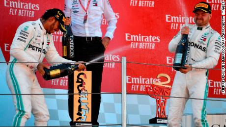 Hamilton and Bottas celebrate on the podium