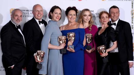 Winners of the Drama Series award for &quot;Killing Eve,&quot; including (center) Phoebe Waller-Bridge, Fiona Shaw and Jodie Comer.