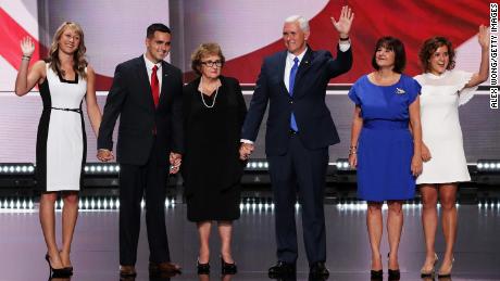 The Pence family on stage on the third day of the 2016 Republican National Convention in Cleveland, Ohio. From left: daughter-in-law Sarah, son Michael, mother Nancy, the vice president, wife Karen and daughter Charlotte.