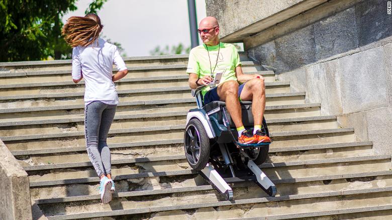 The Scewo wheelchair has rubber tracks that can climb stairs